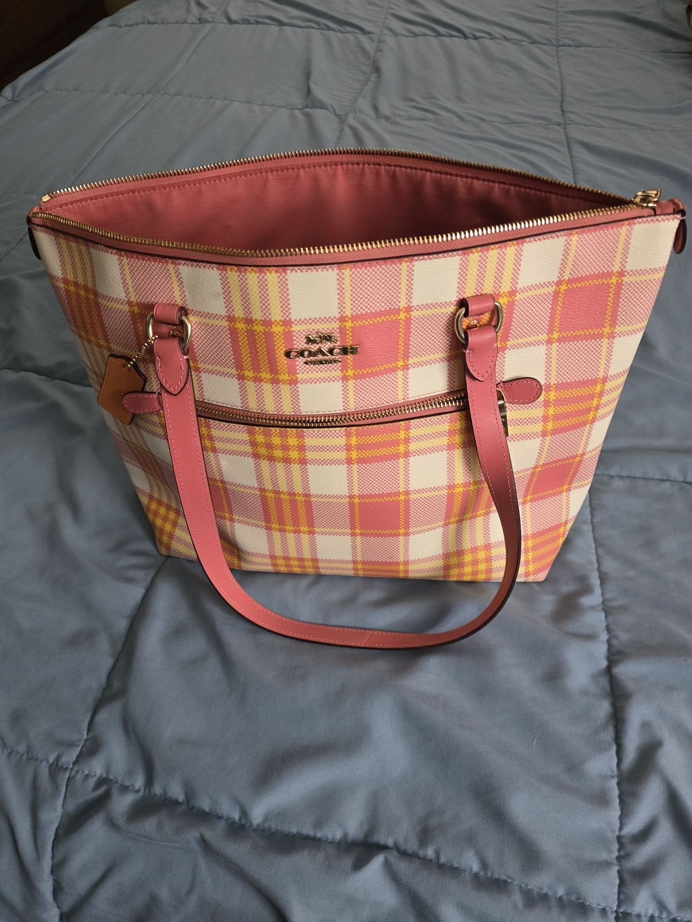 Coach Pink Plaid Tote Bag with Gold Hardware
